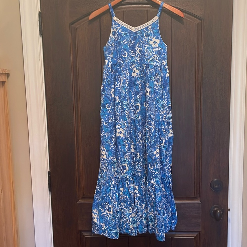 Girls Floral Blue and White Spaghetti Strap Dress